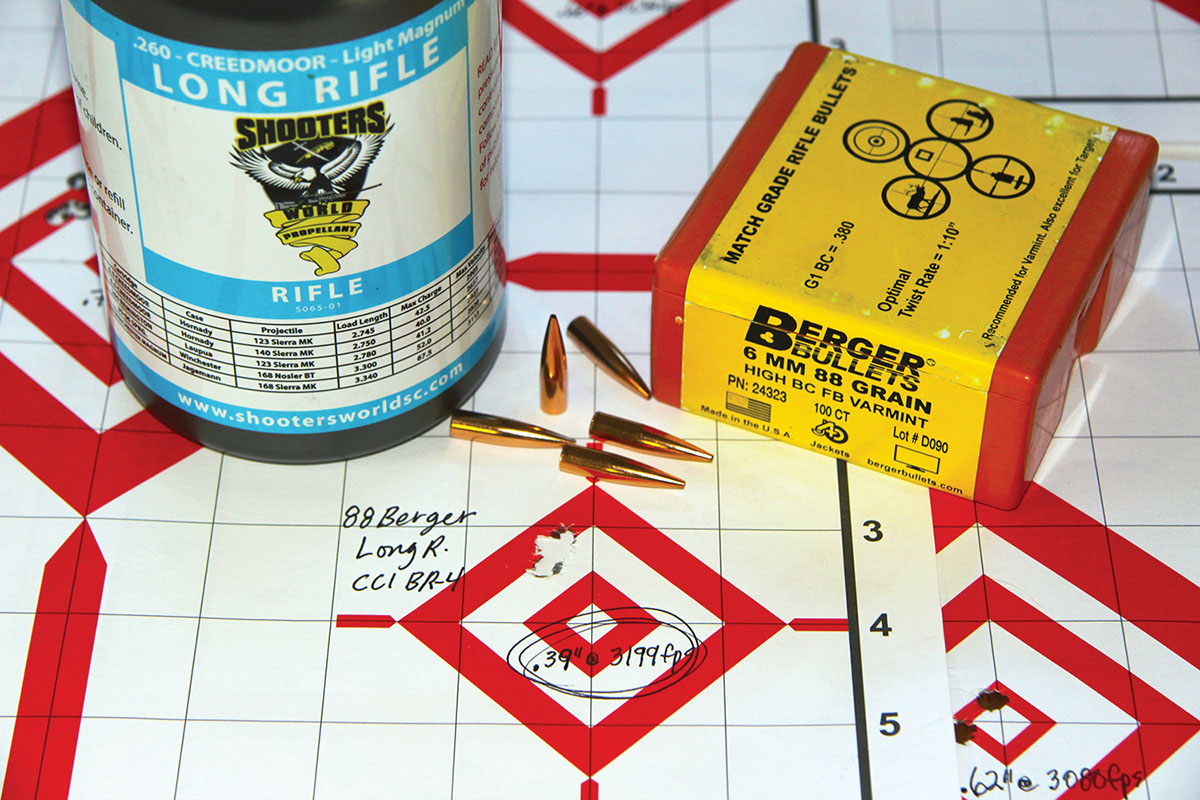 The best group assembled with the 88-grain Berger High BC FB Varmint bullet involved a compressed load of 34.5 grains of Shooters World powder and CCI’s BR-4 primer. Muzzle velocity was 3,199 feet per second (fps).
